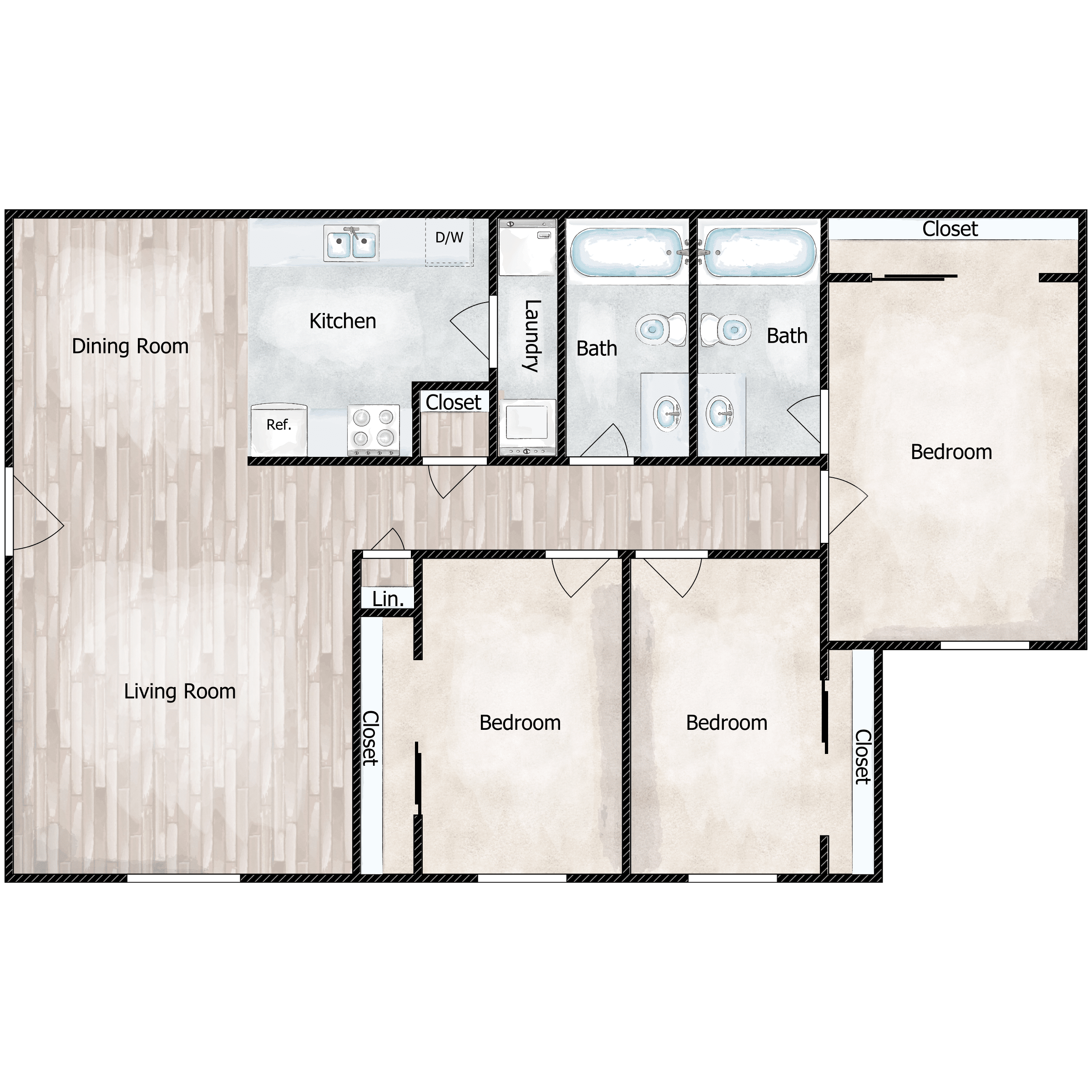 Floor plan for 3 beds, 2 baths, 1046 sqft